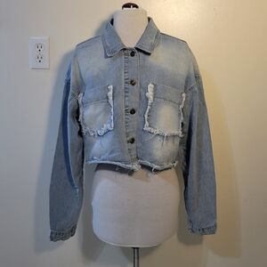 Rue 21 (Women's L) Light Blue Distressed Cropped Denim Jacket